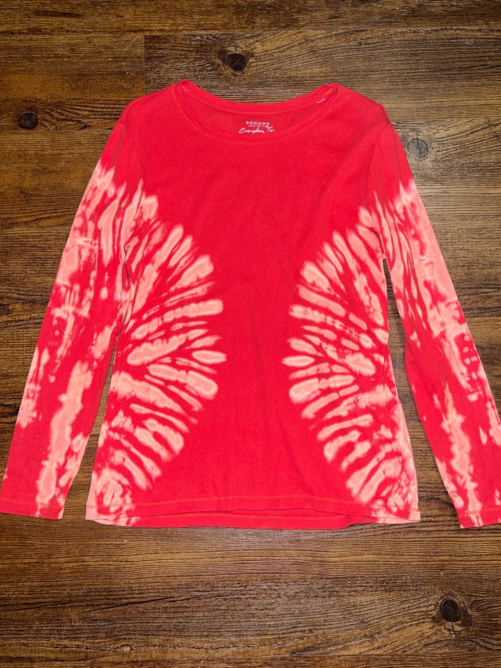 Sonoma Red Tie-Dye Cream Long Sleeve Casual Everyday Top Cotton Two Tone Size M